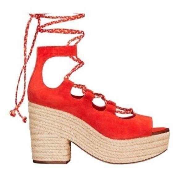 Tory Burch Shoes - Tory Burch Poppy Orange Lace Up Positano Platform Espadrille Size 7